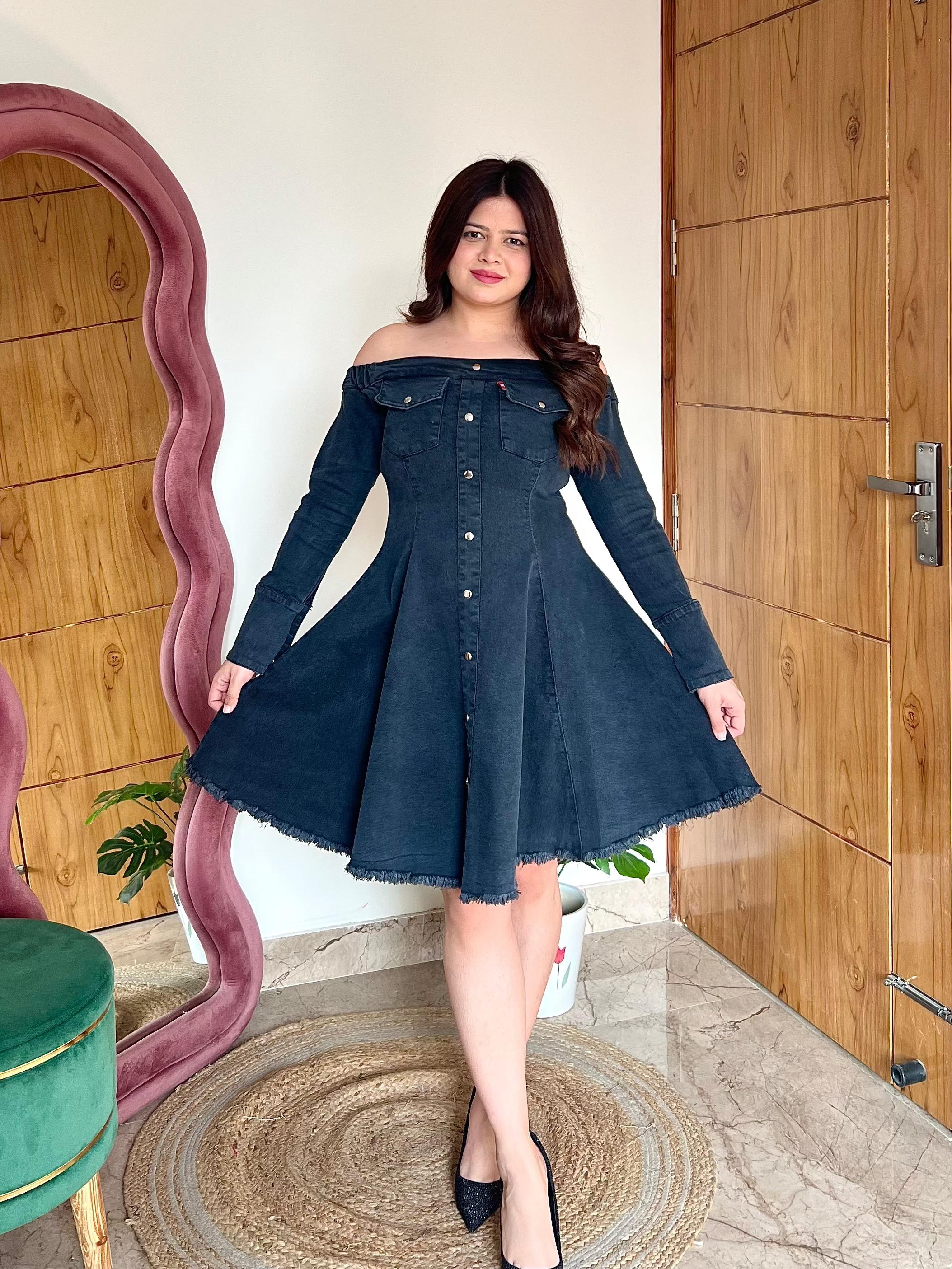 ELIZA BOAT NECK DENIM DRESS