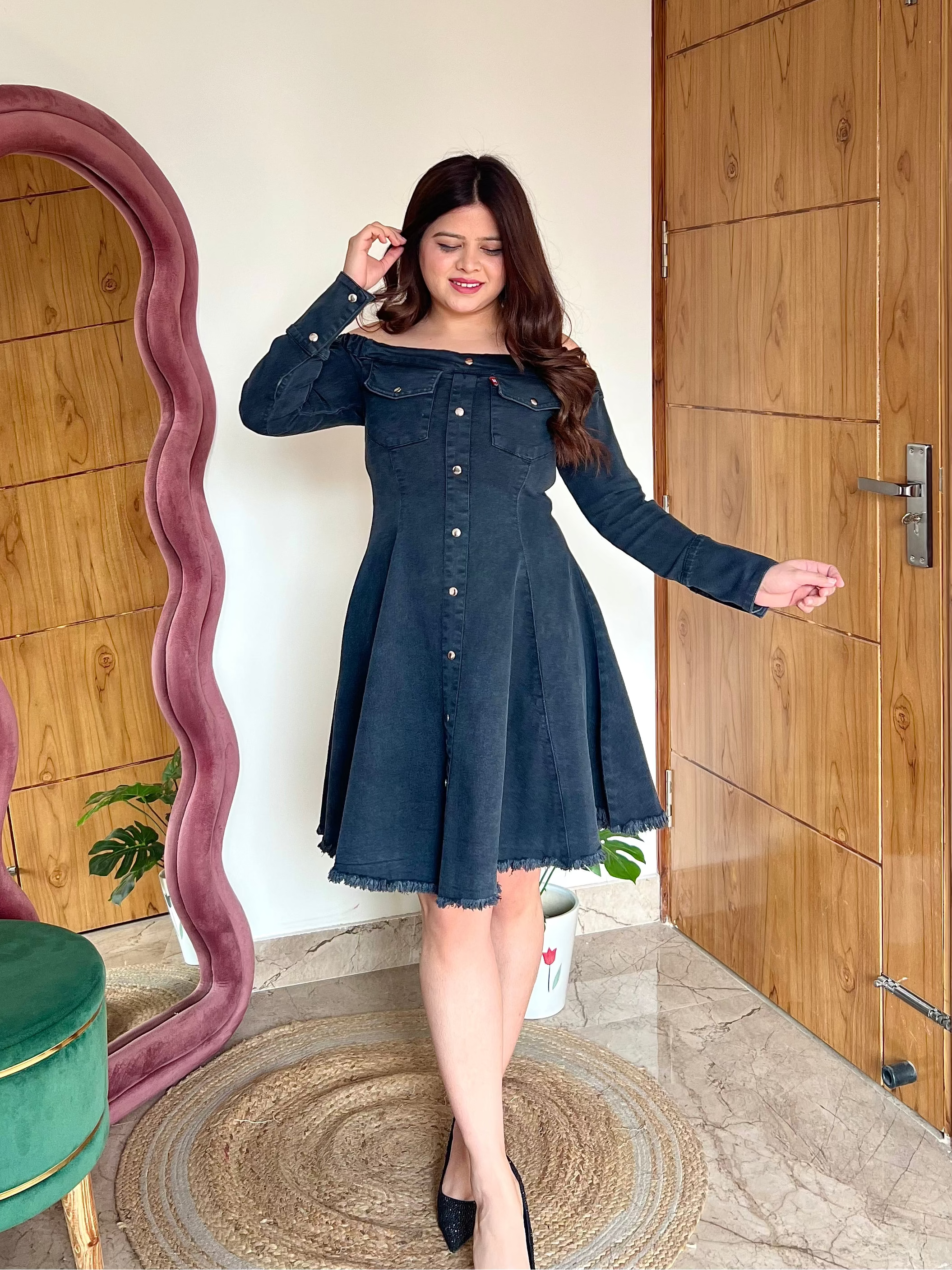 ELIZA BOAT NECK DENIM DRESS