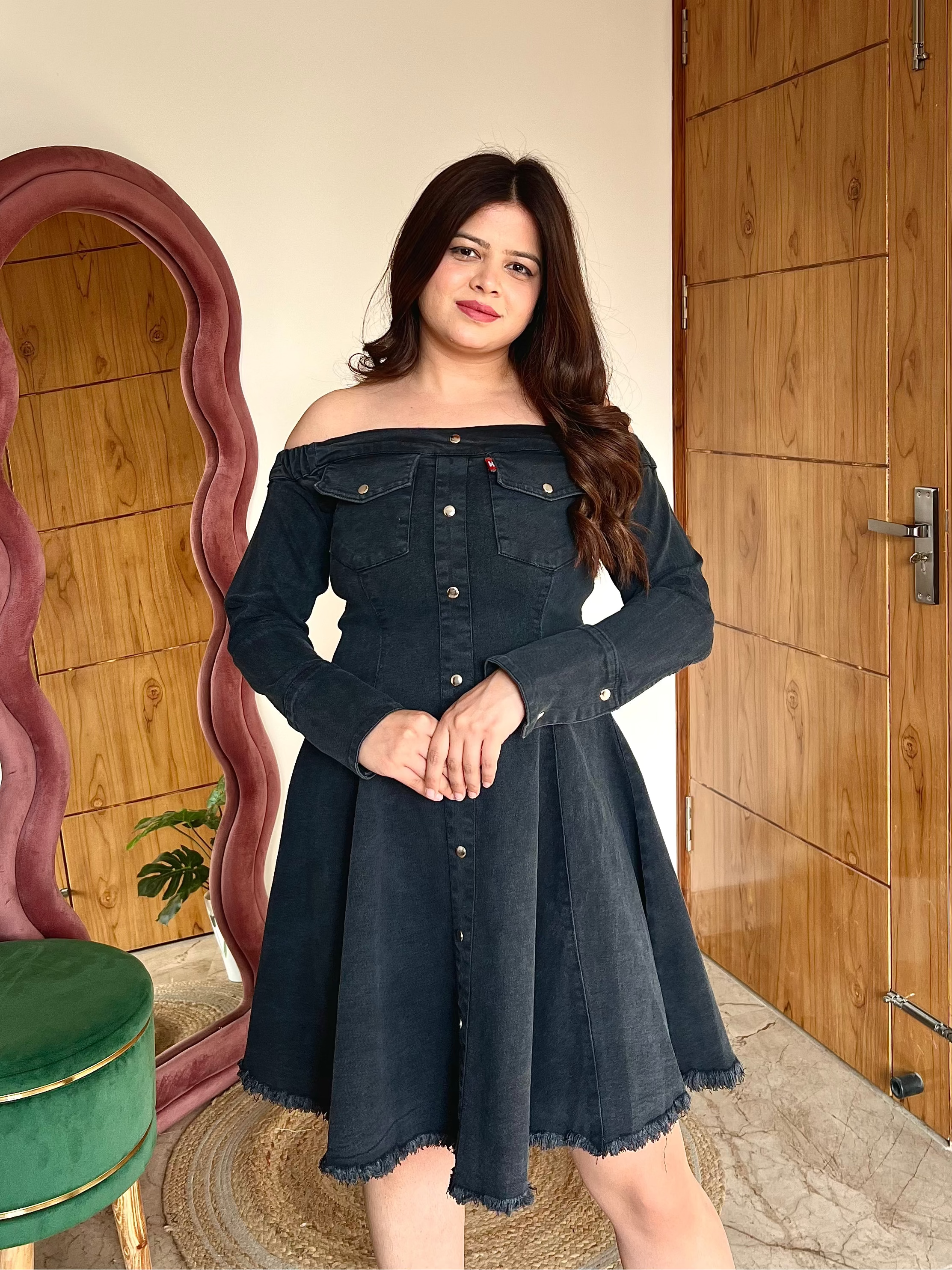 ELIZA BOAT NECK DENIM DRESS