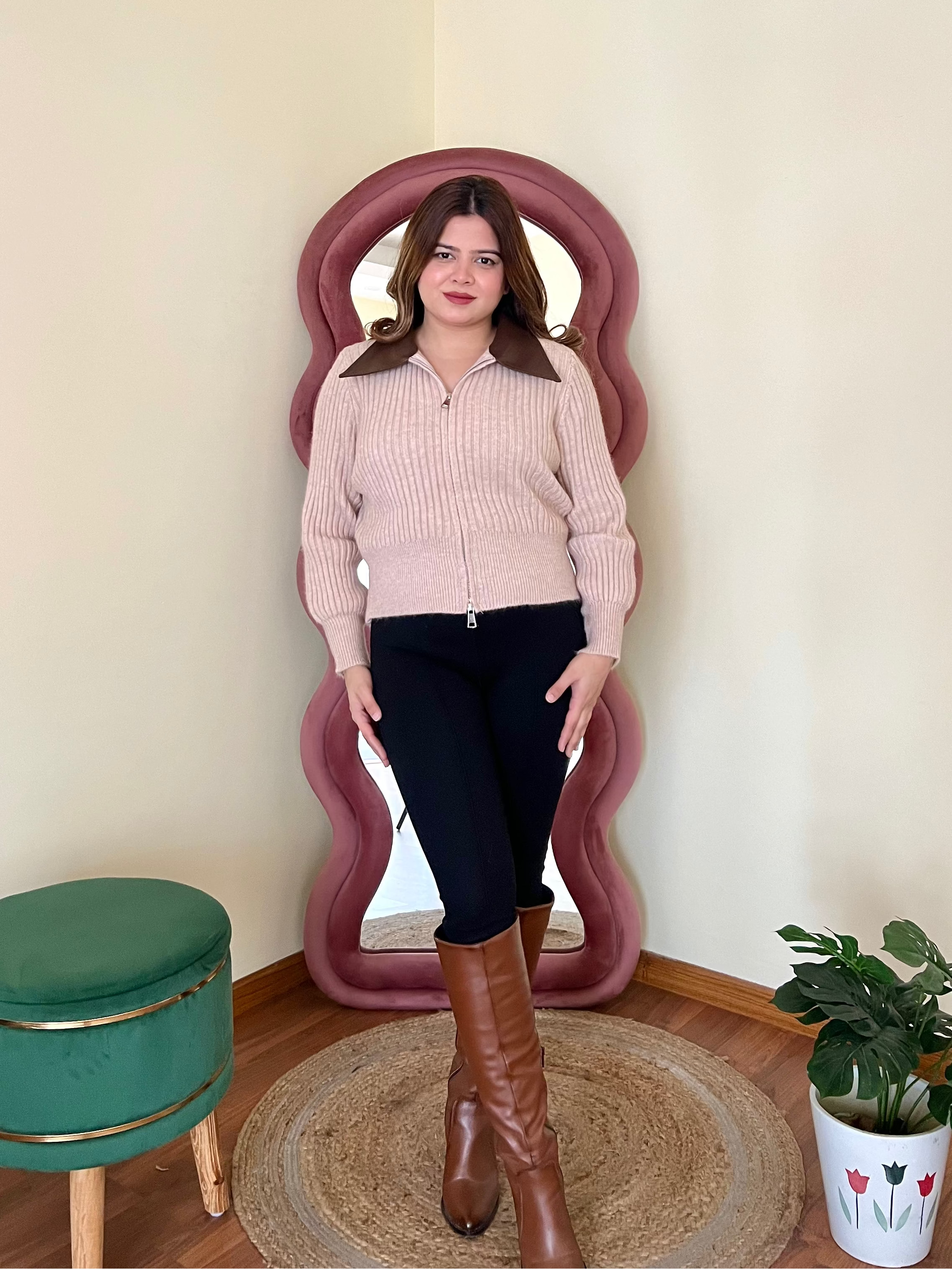 RAHA COLLERED ZIPPER SWEATER