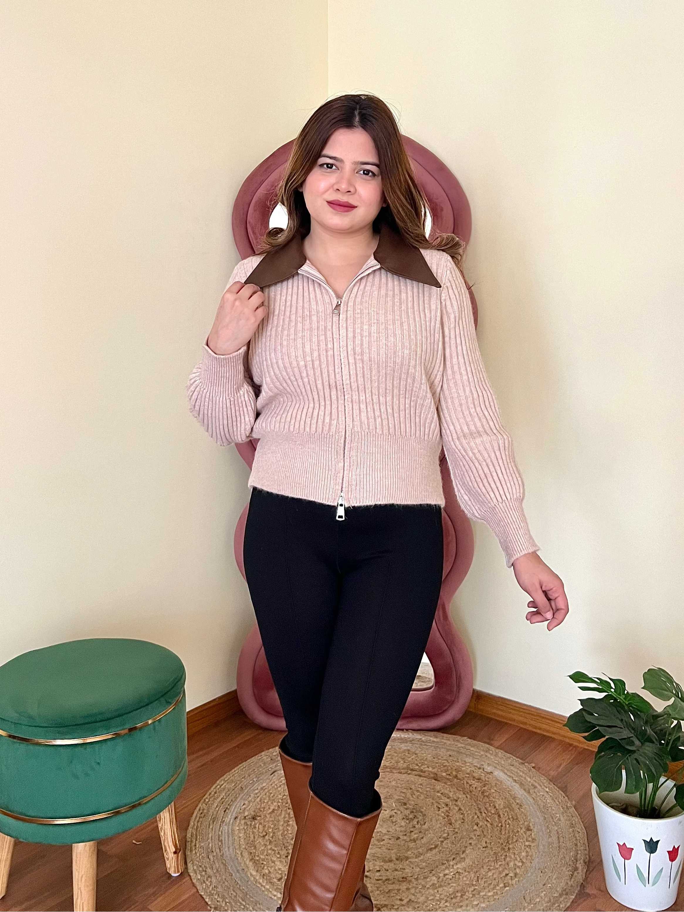 RAHA COLLERED ZIPPER SWEATER