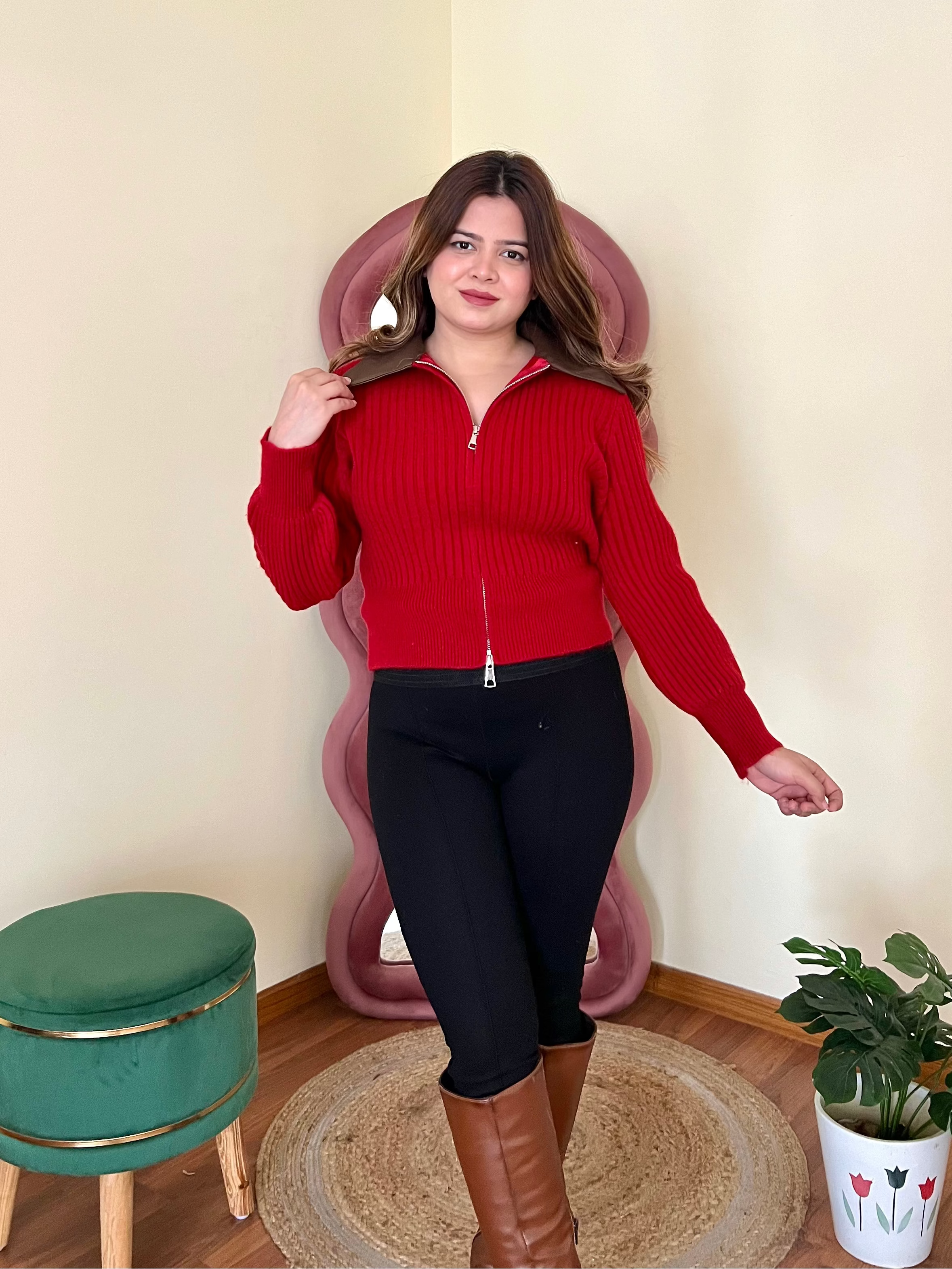 RAHA COLLERED ZIPPER SWEATER