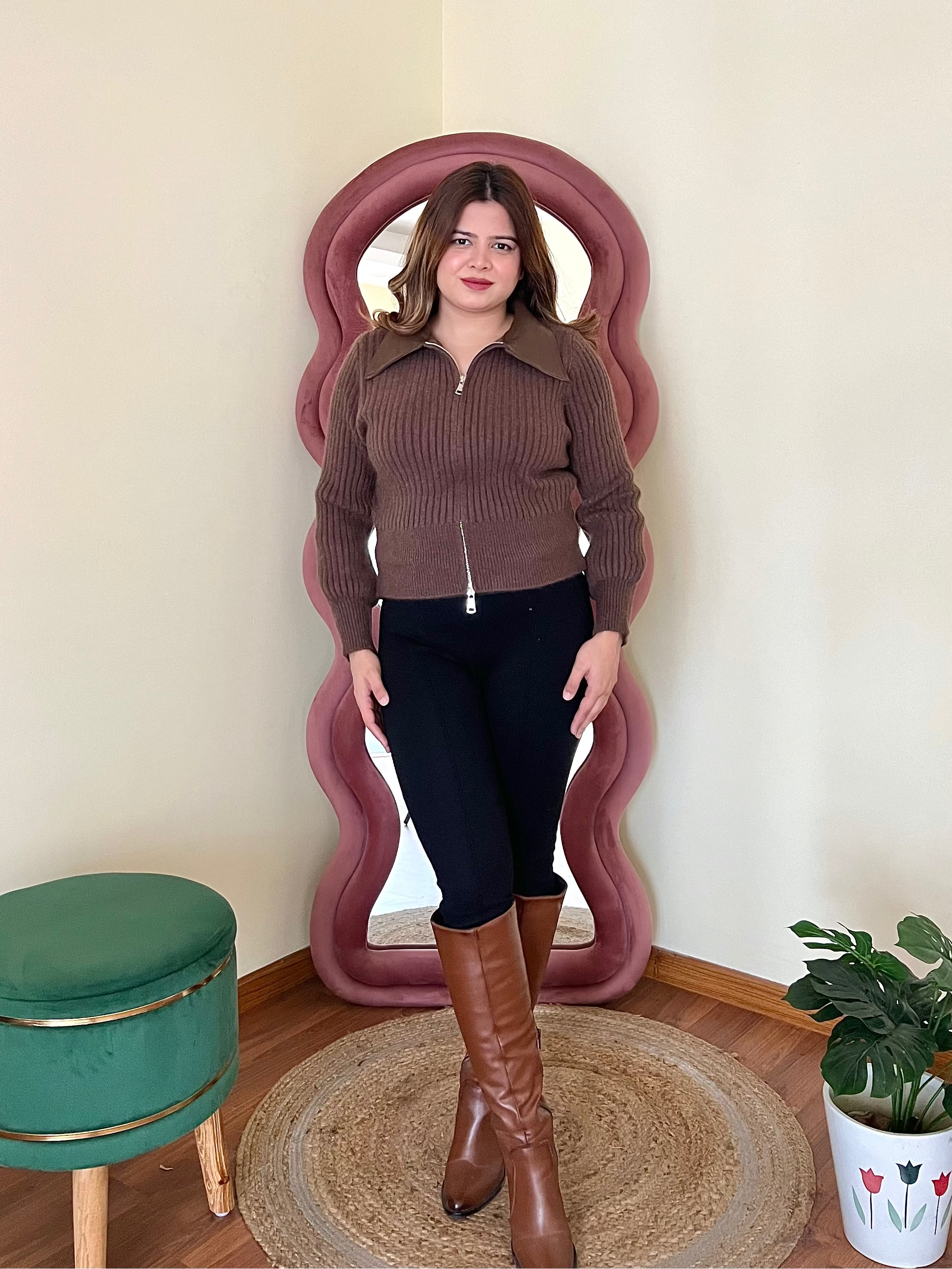 RAHA COLLERED ZIPPER SWEATER