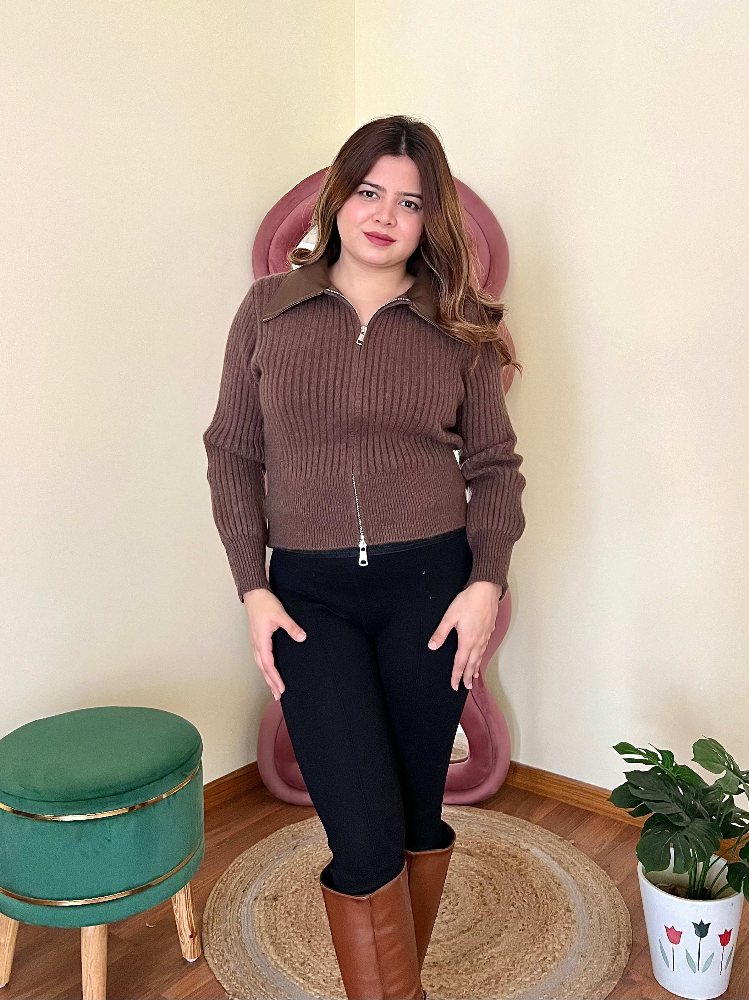 RAHA COLLERED ZIPPER SWEATER