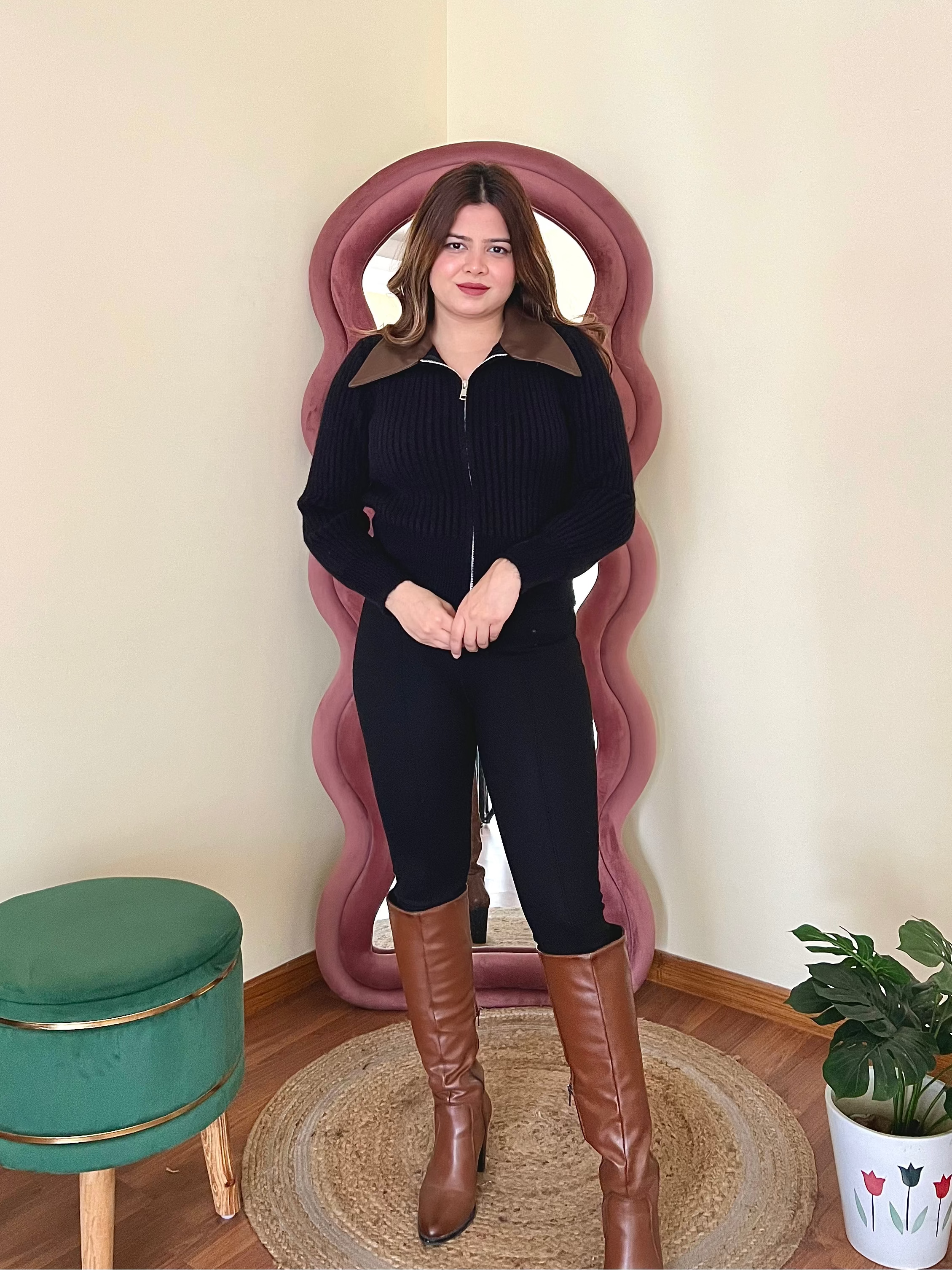 RAHA COLLERED ZIPPER SWEATER