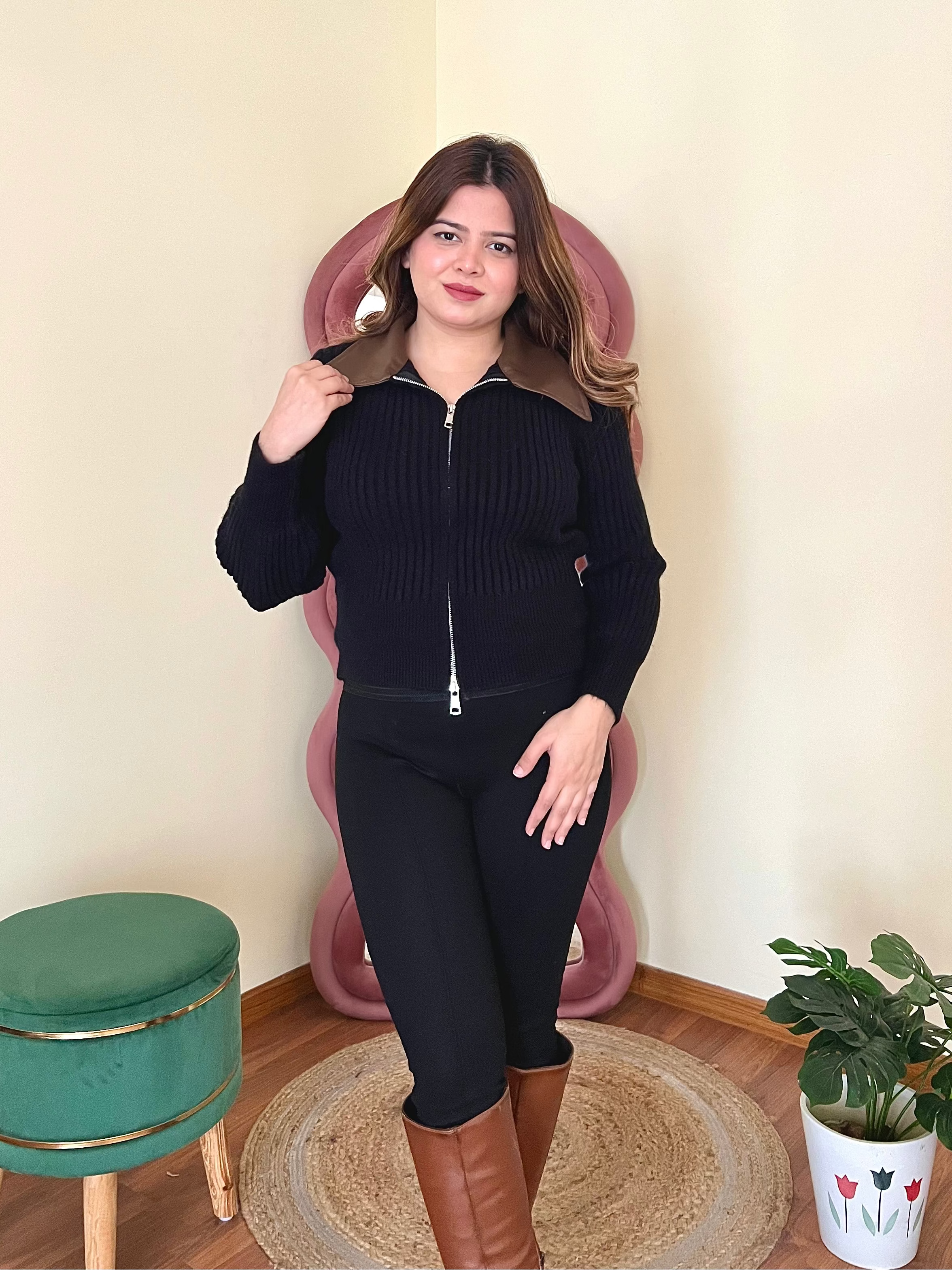 RAHA COLLERED ZIPPER SWEATER