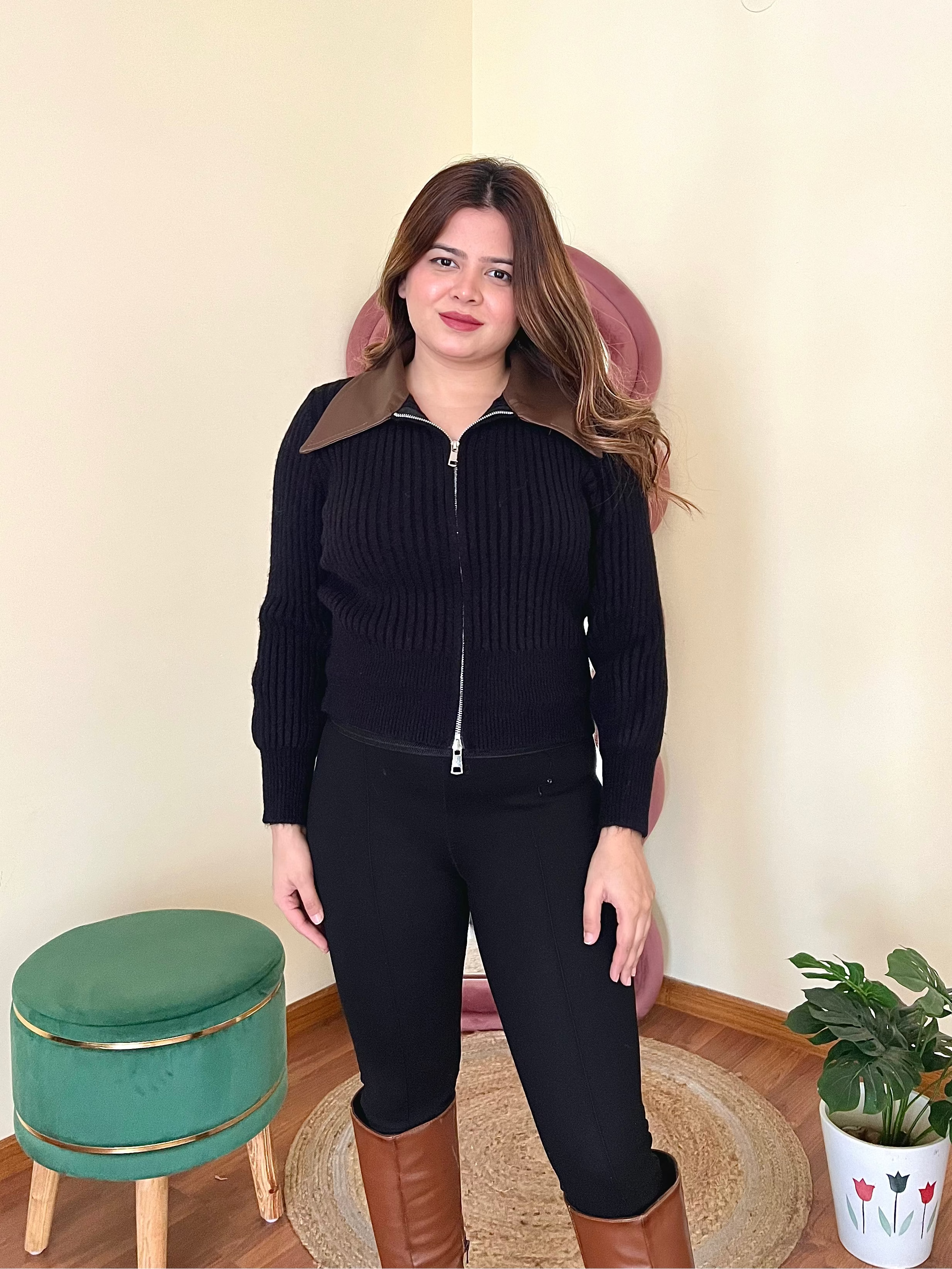 RAHA COLLERED ZIPPER SWEATER