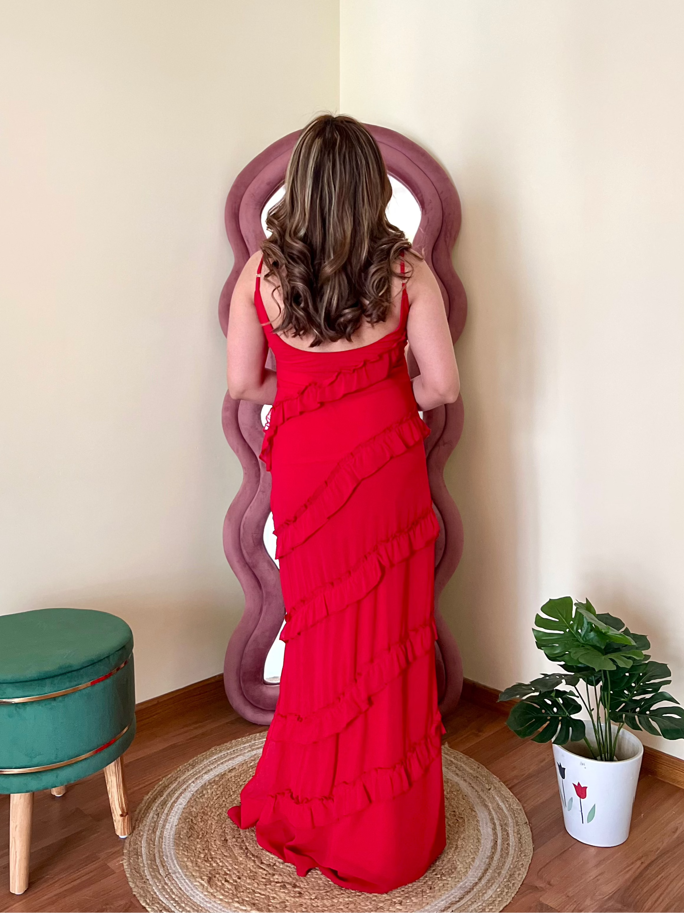 SCARLET RUFFLE ONE SHOULDER DRESS