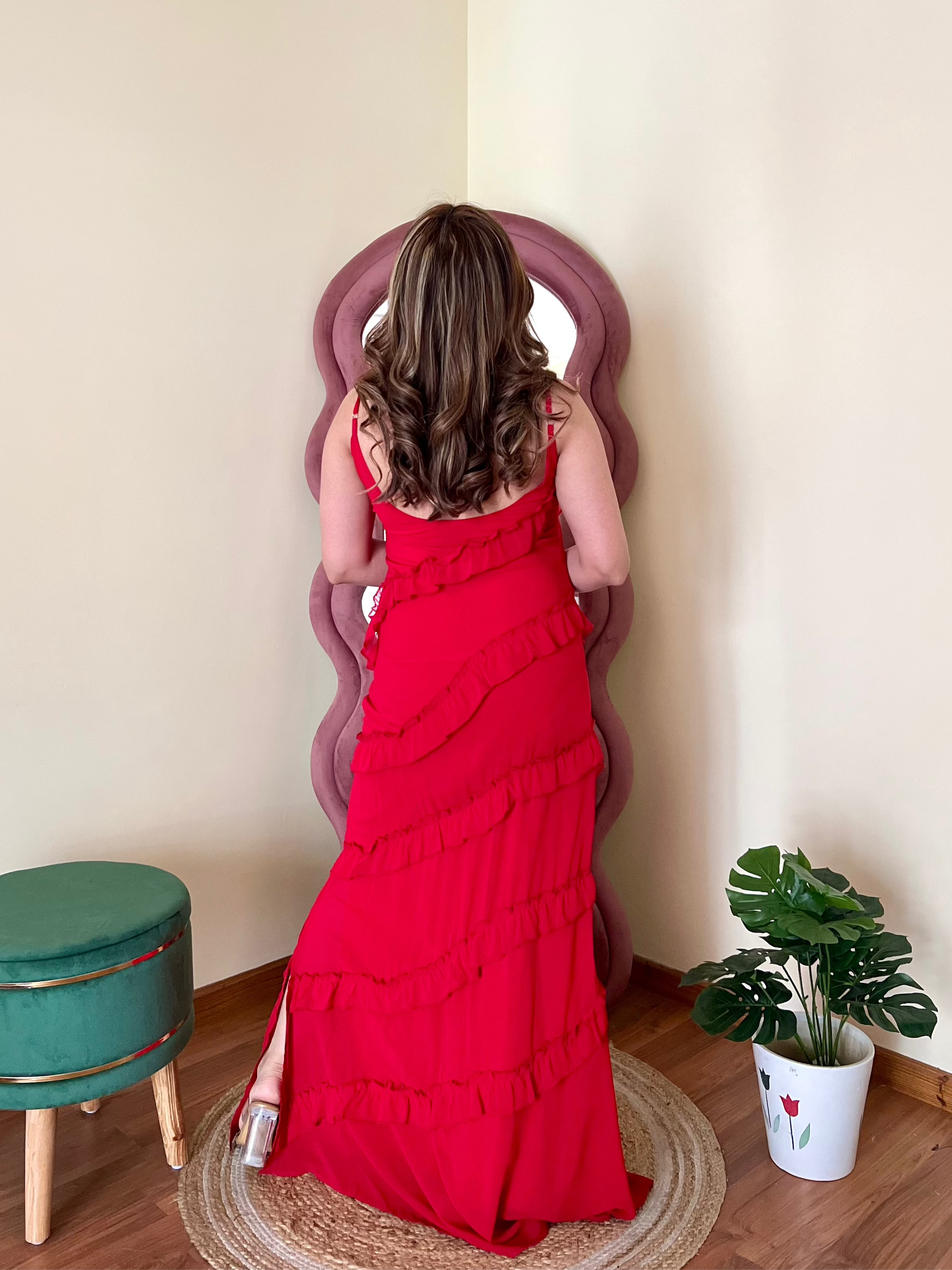 SCARLET RUFFLE ONE SHOULDER DRESS