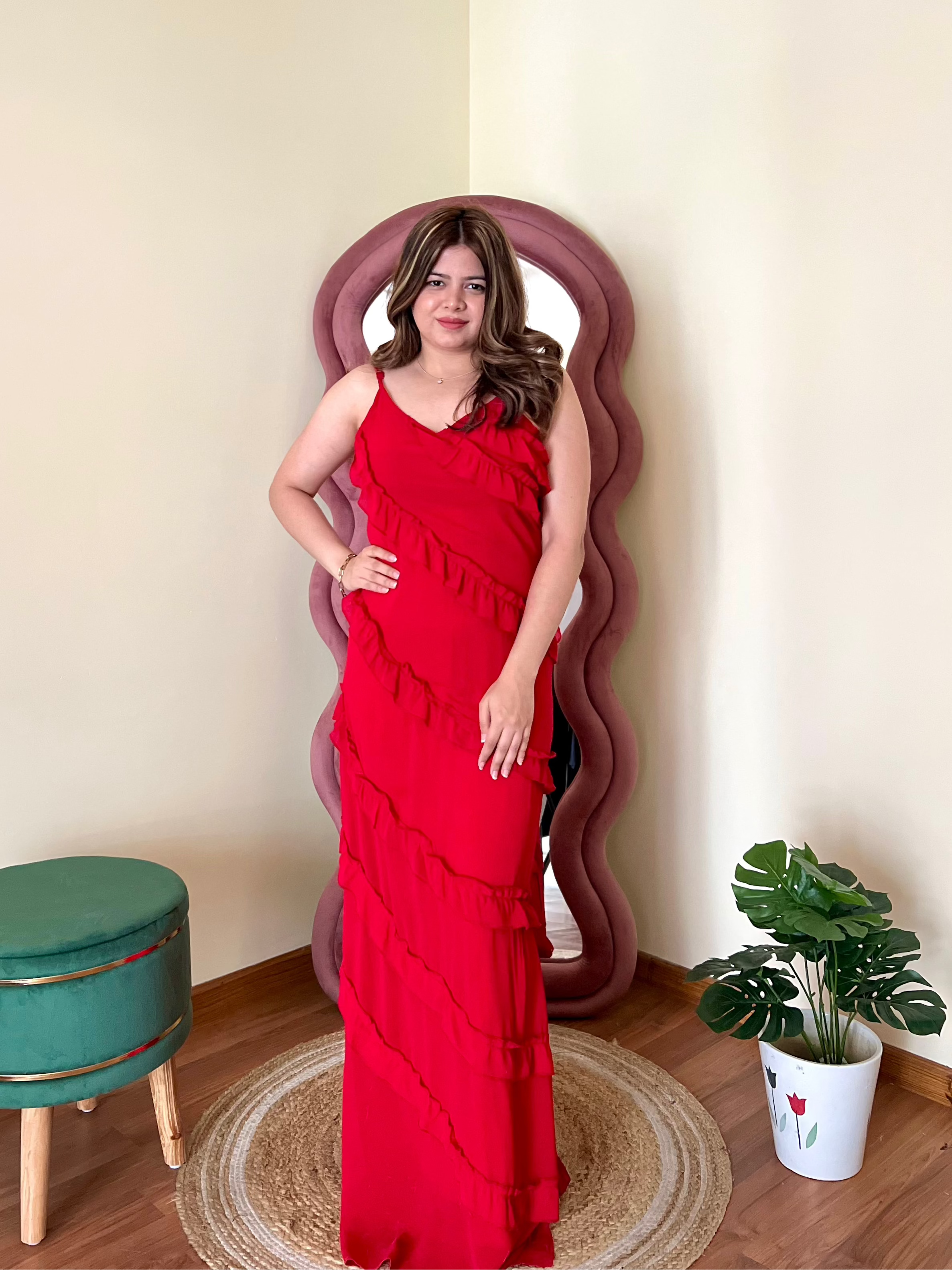 SCARLET RUFFLE ONE SHOULDER DRESS