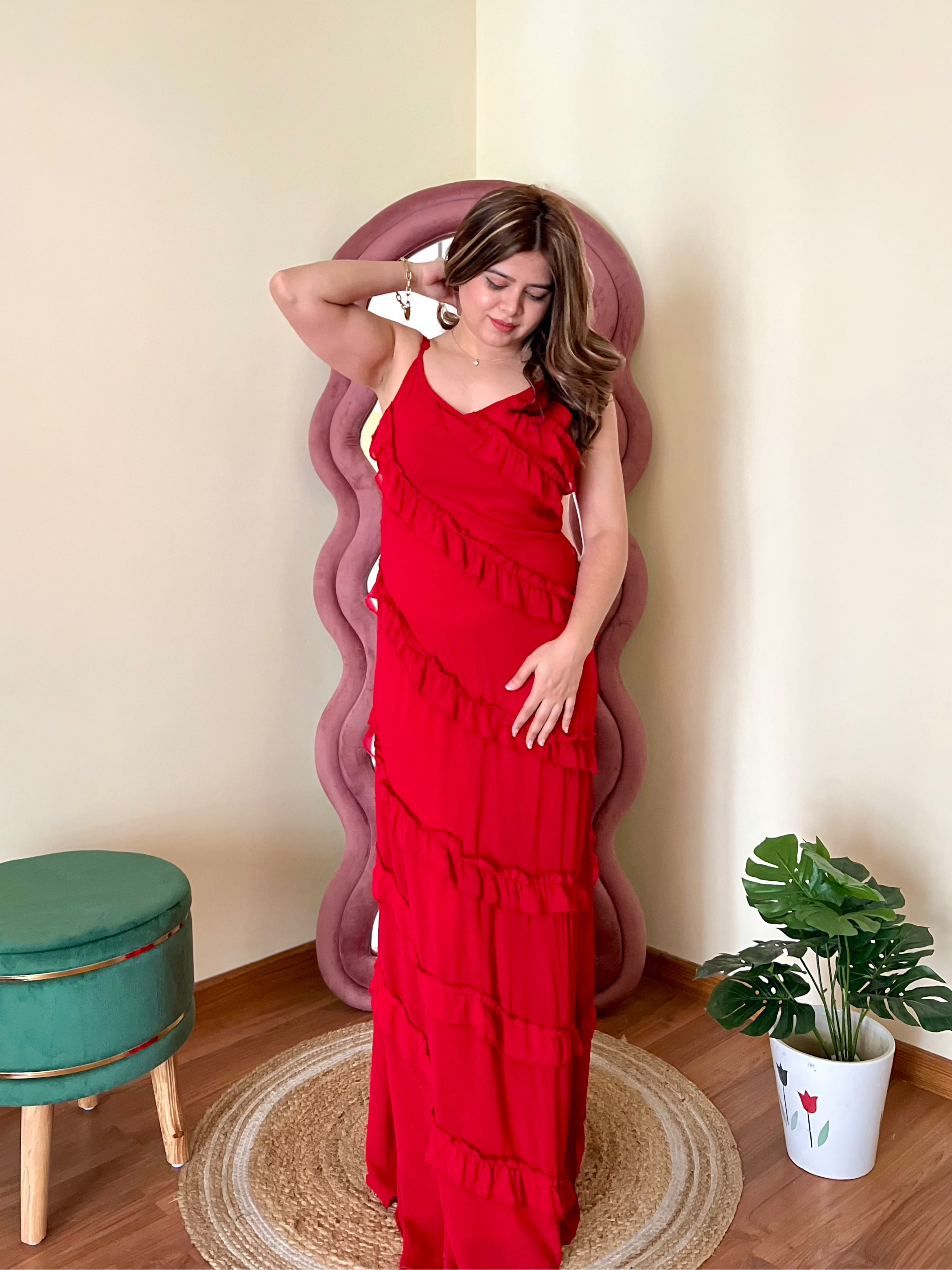 SCARLET RUFFLE ONE SHOULDER DRESS