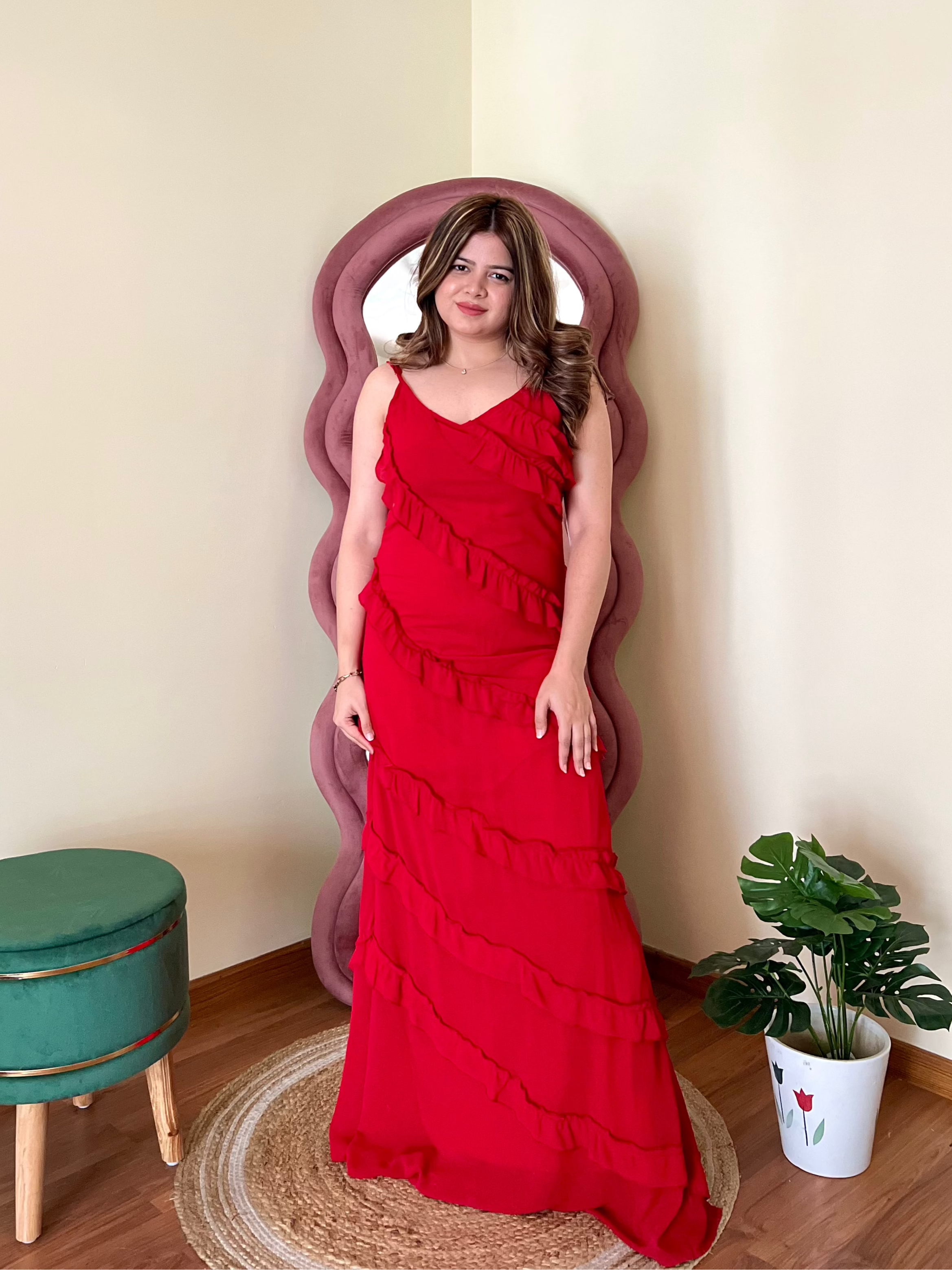 SCARLET RUFFLE ONE SHOULDER DRESS