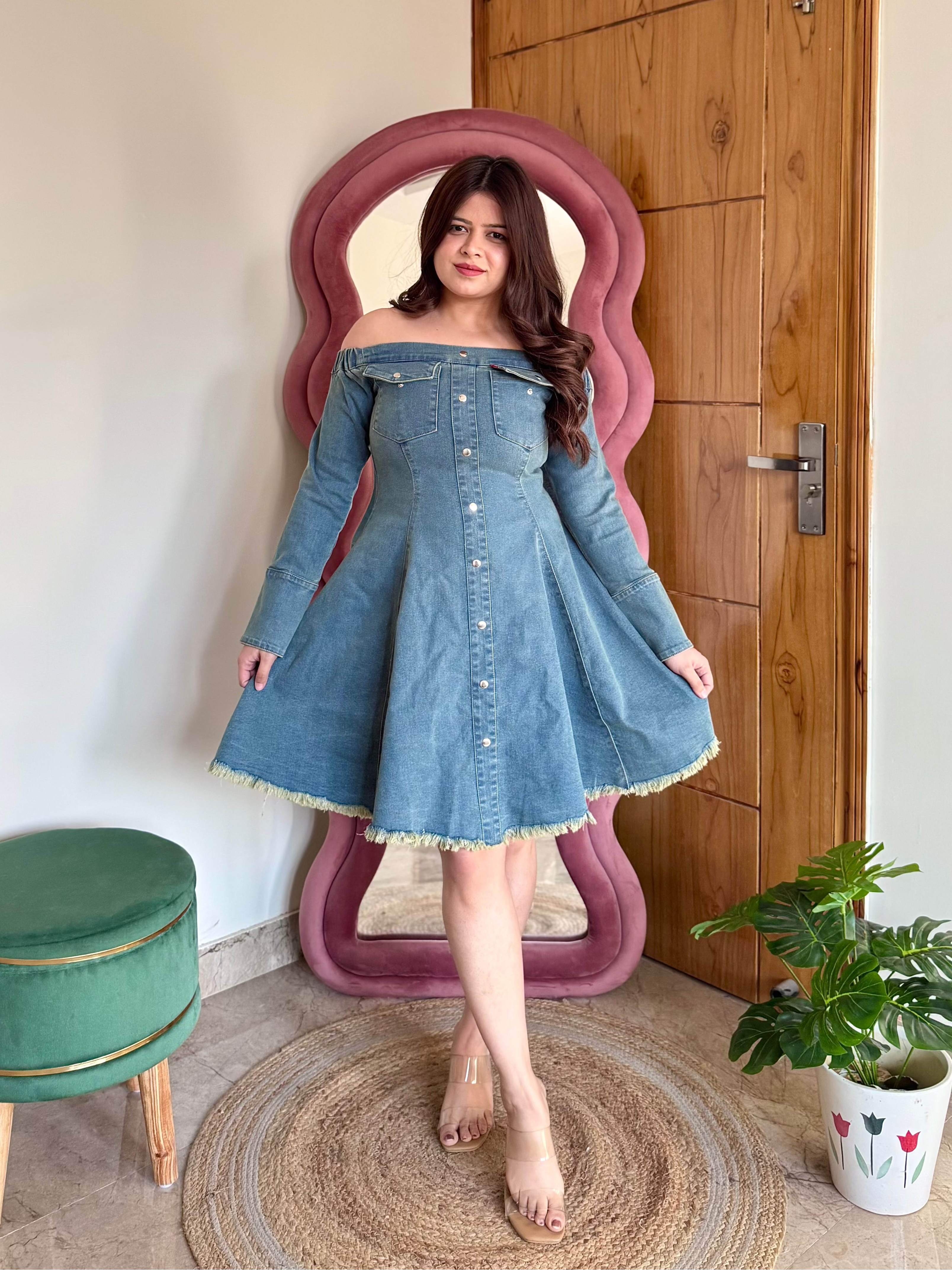 ELIZA BOAT NECK DENIM DRESS