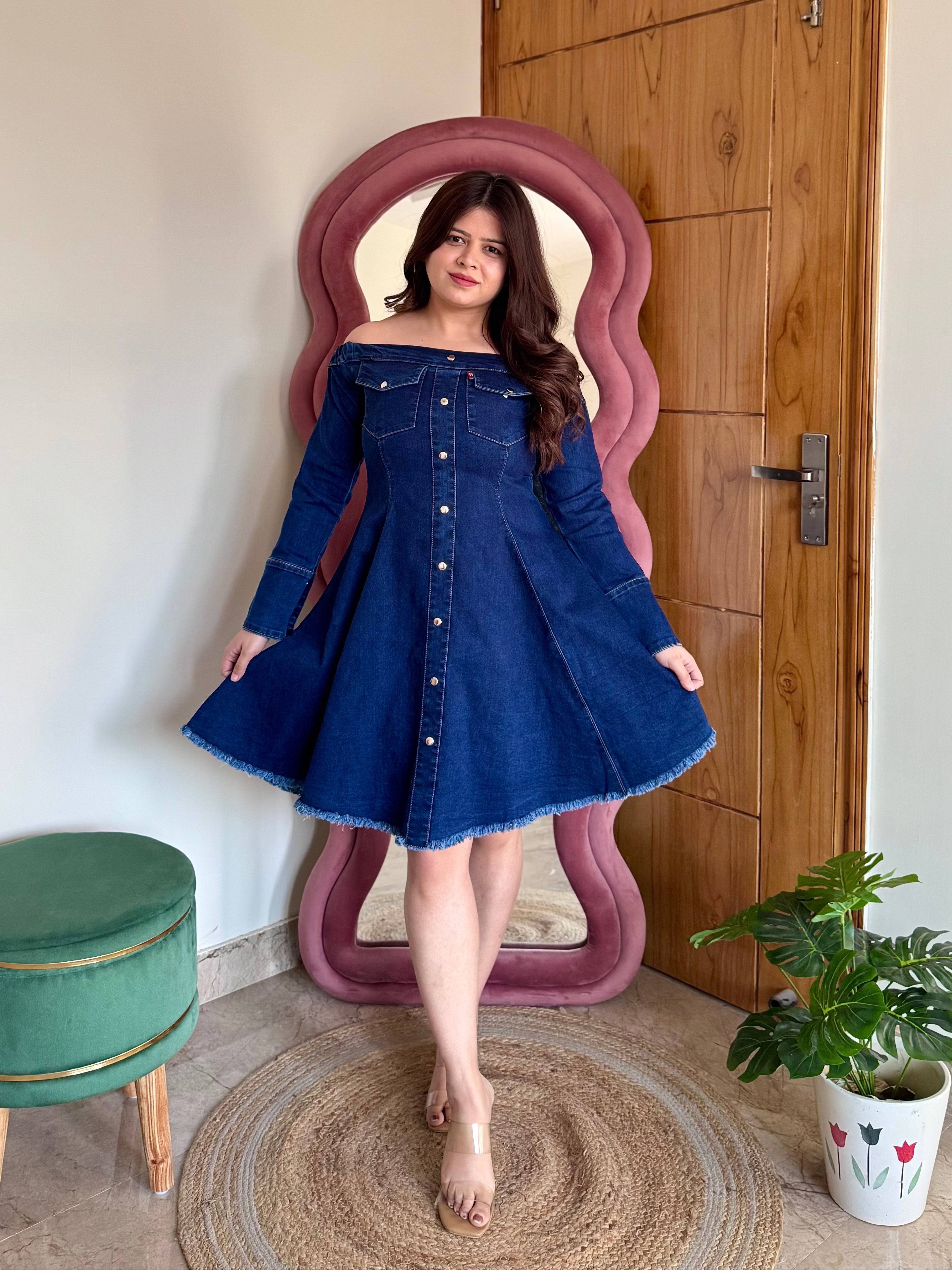 ELIZA BOAT NECK DENIM DRESS