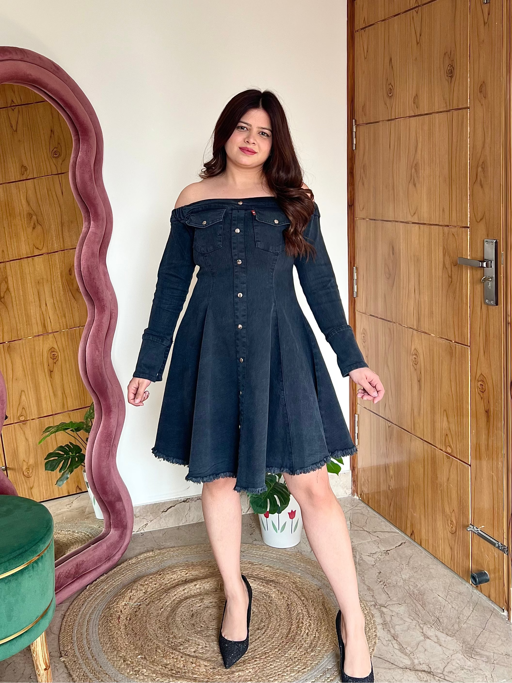 ELIZA BOAT NECK DENIM DRESS