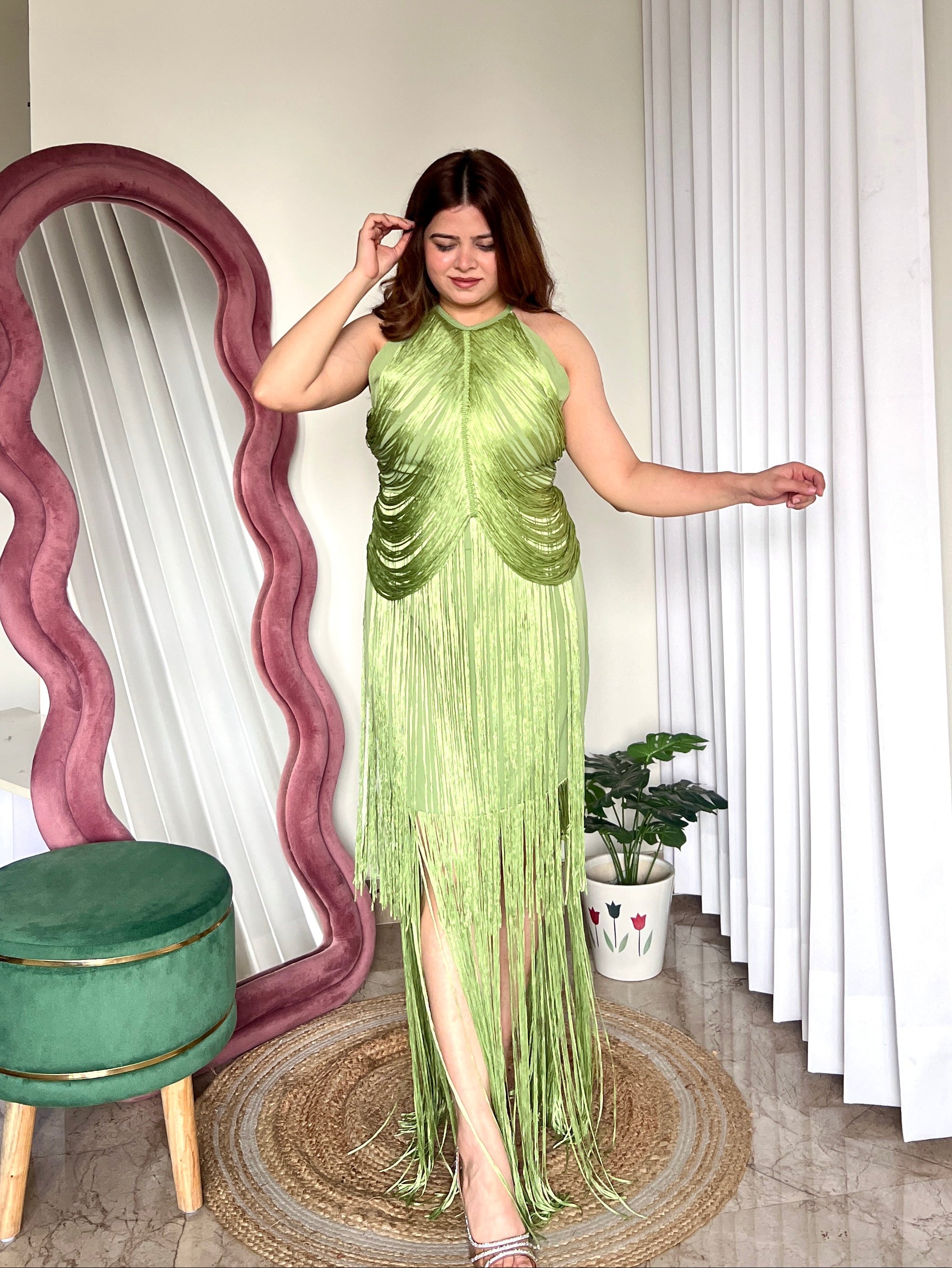 OLIVE FRINGES DRESS