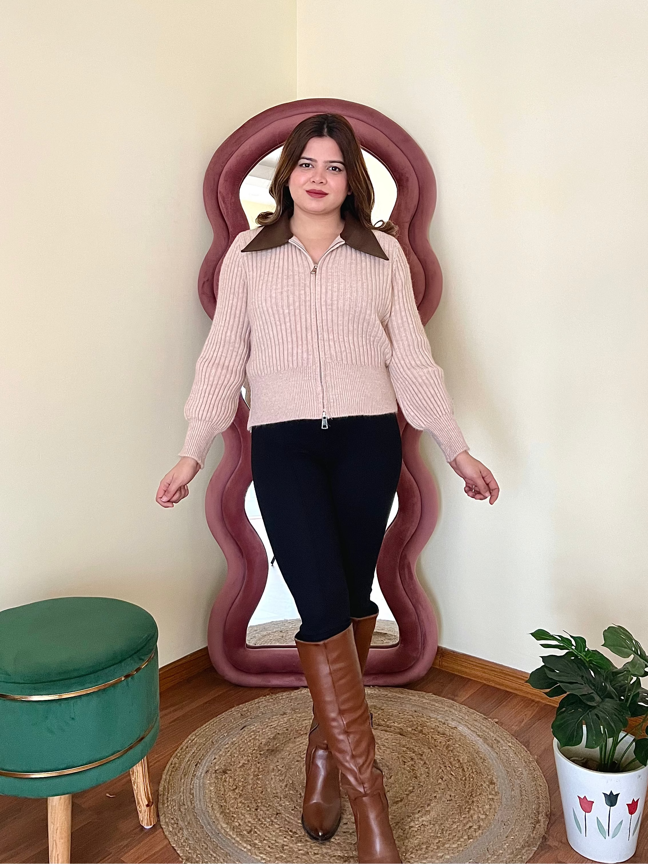 RAHA COLLERED ZIPPER SWEATER