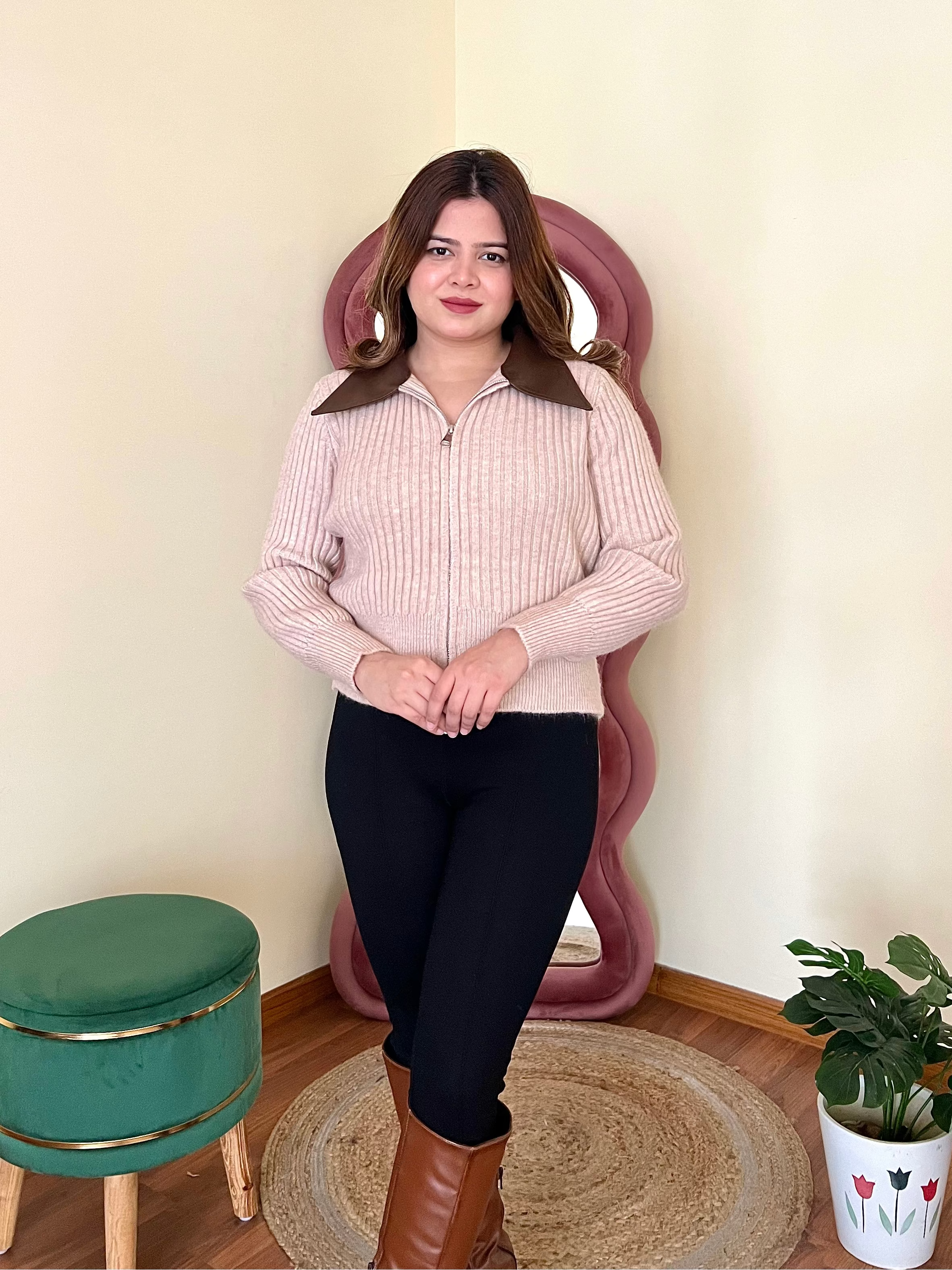 RAHA COLLERED ZIPPER SWEATER