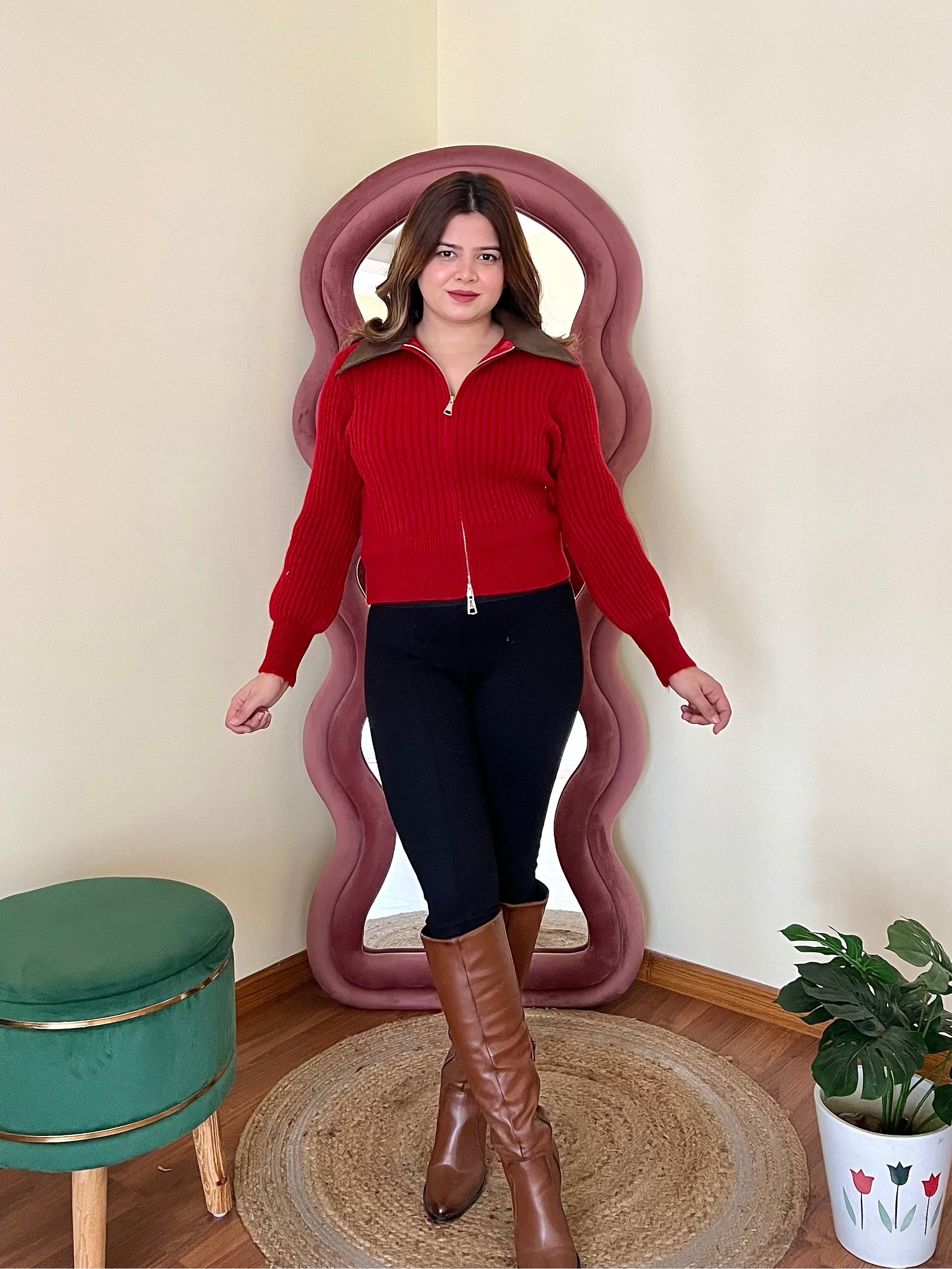 RAHA COLLERED ZIPPER SWEATER