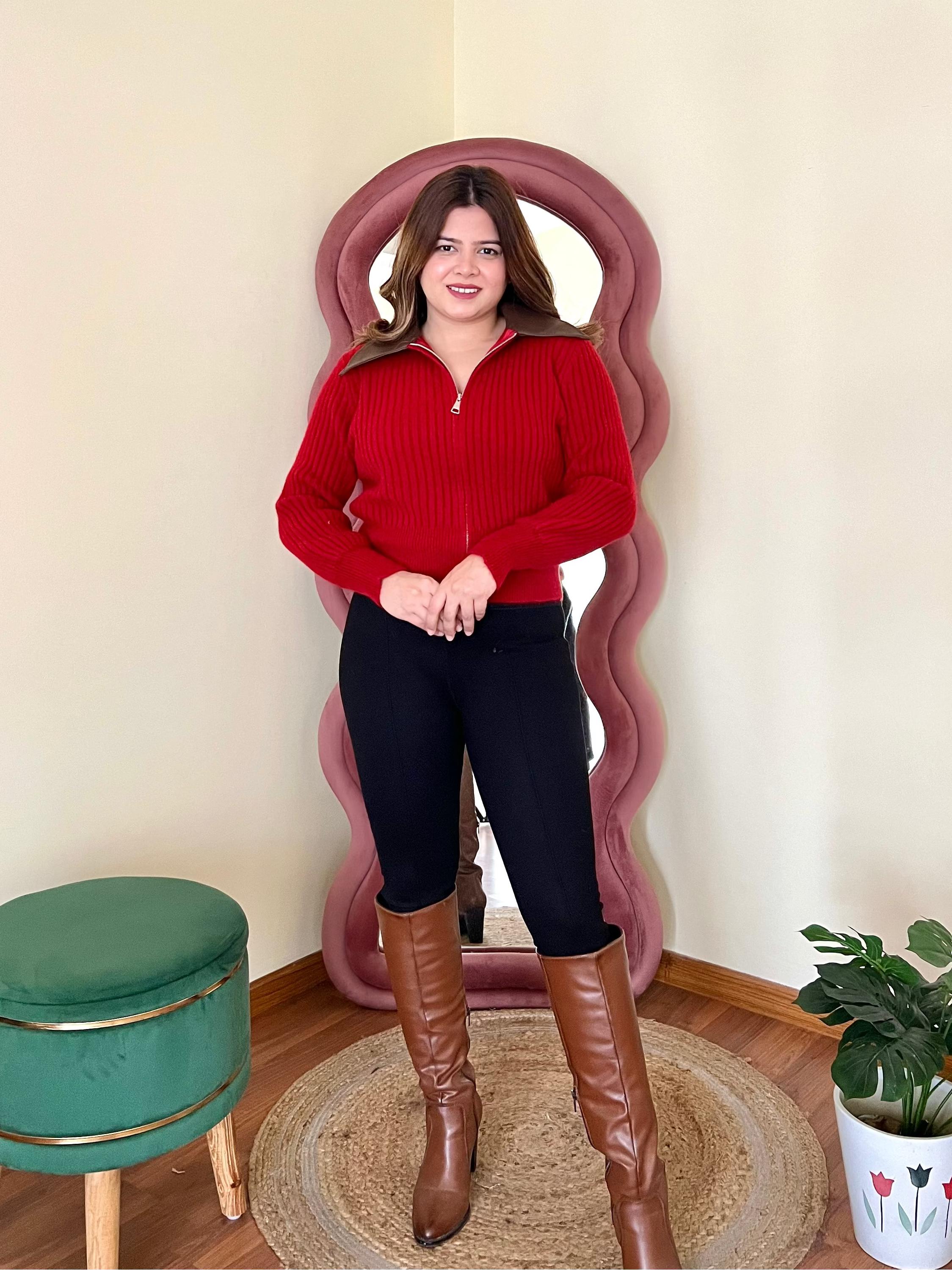 RAHA COLLERED ZIPPER SWEATER