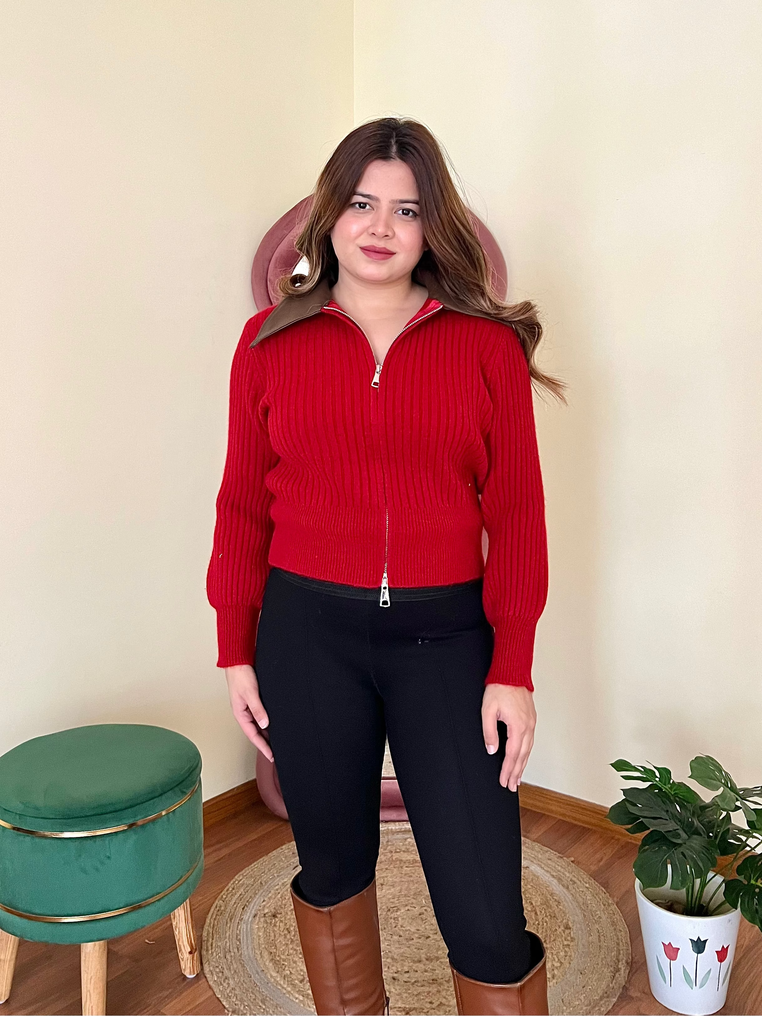 RAHA COLLERED ZIPPER SWEATER