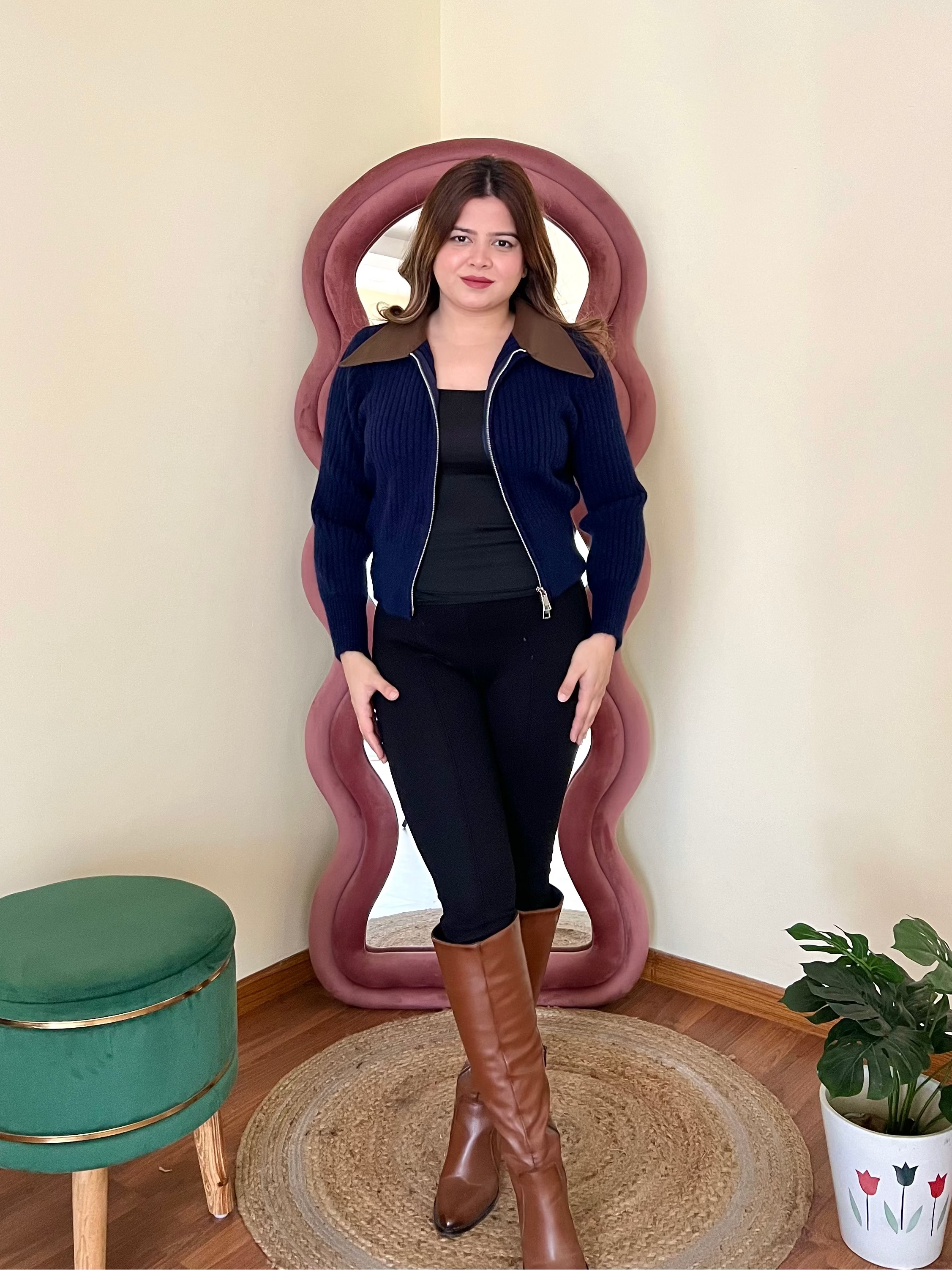 RAHA COLLERED ZIPPER SWEATER