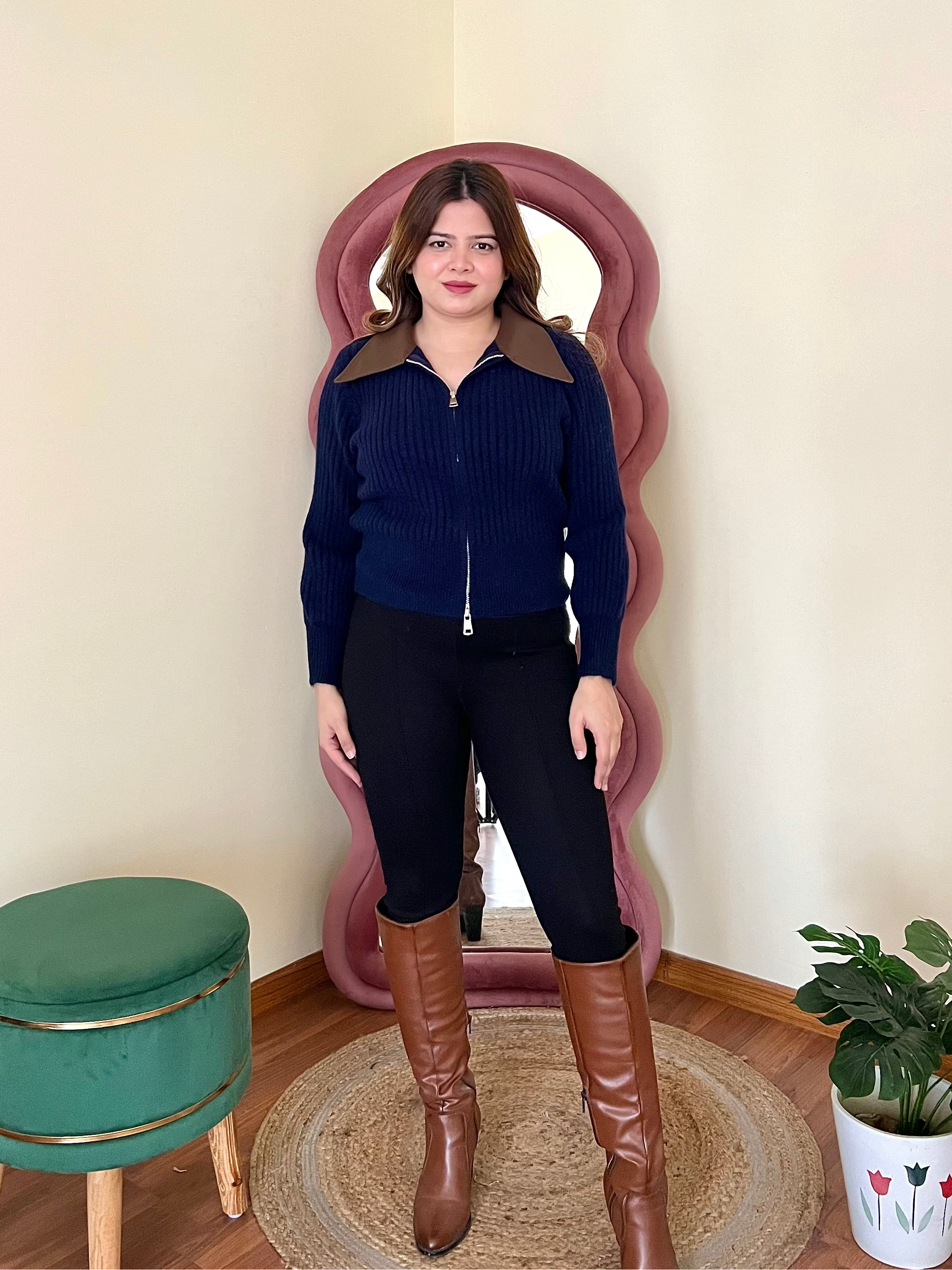 RAHA COLLERED ZIPPER SWEATER