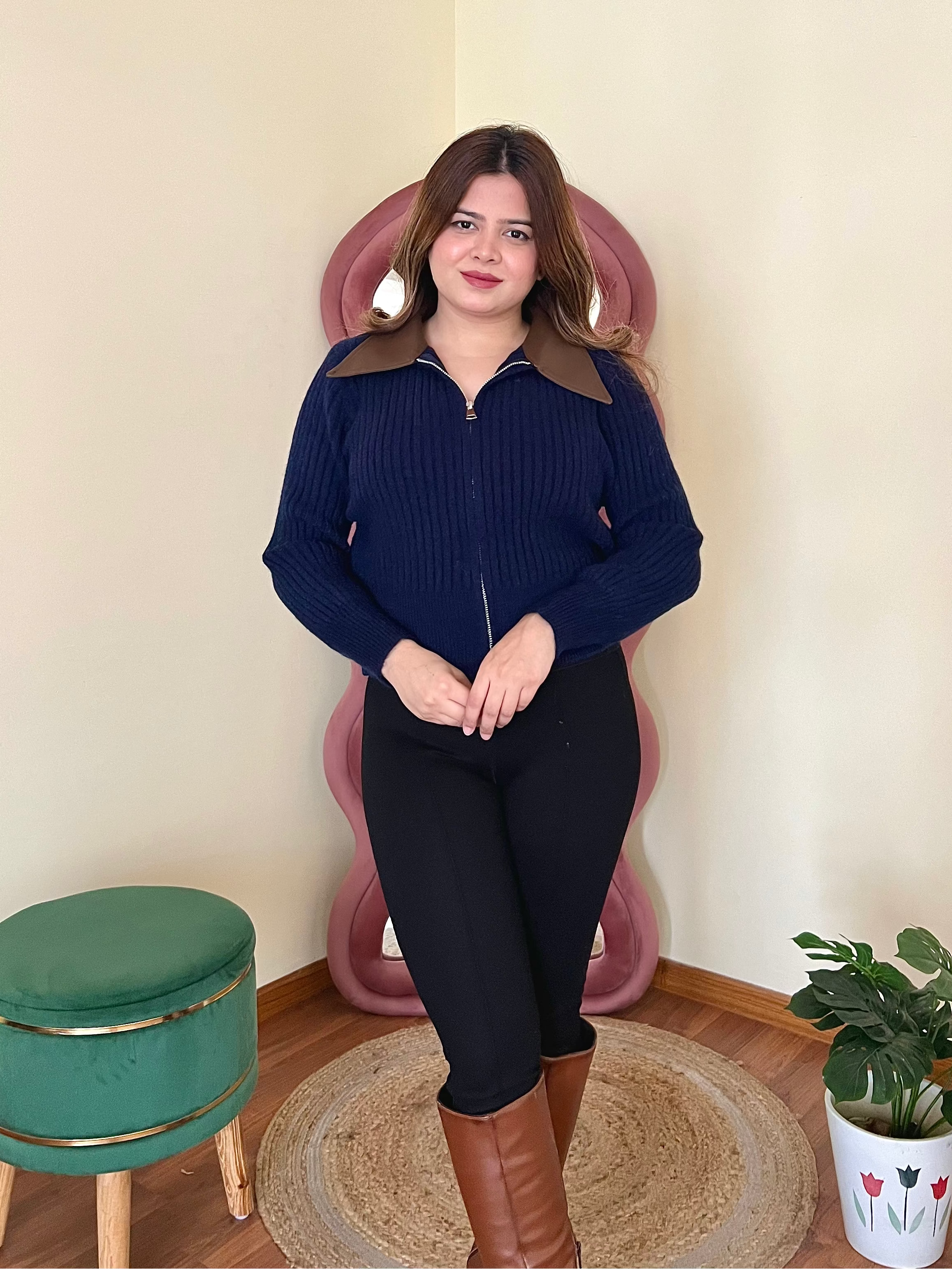 RAHA COLLERED ZIPPER SWEATER