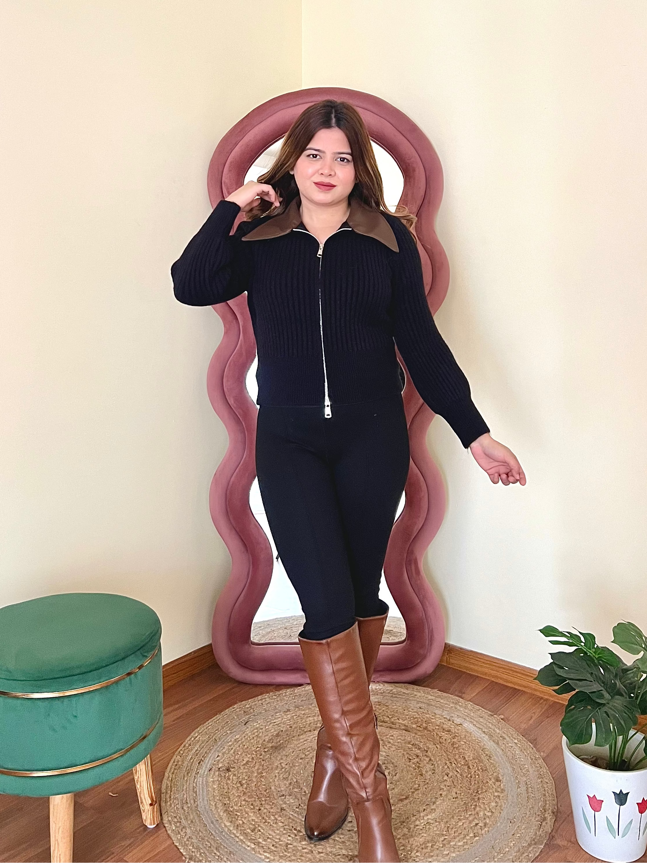 RAHA COLLERED ZIPPER SWEATER